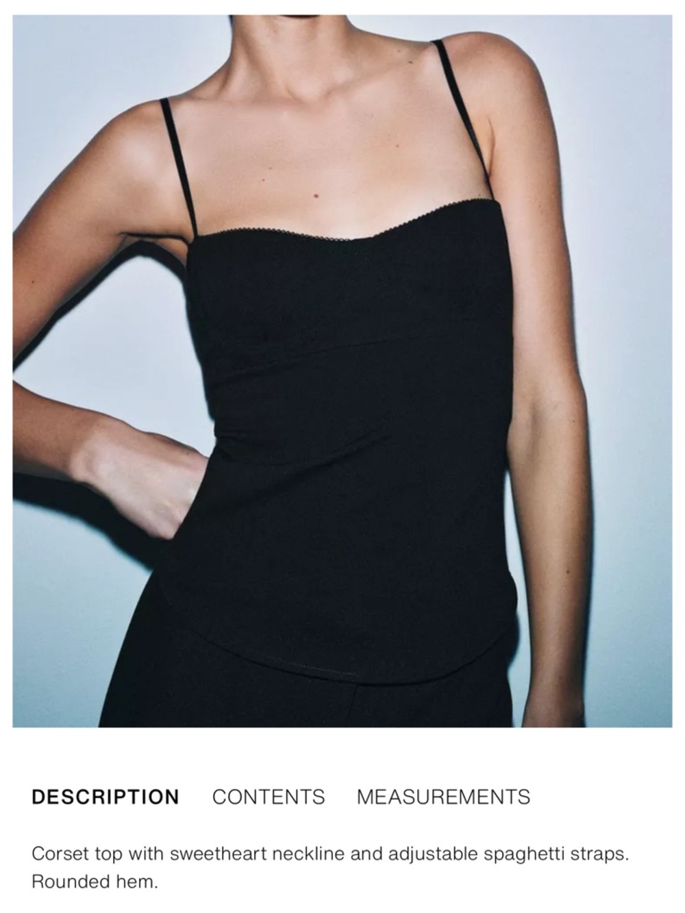Zara black corset top with sweetheart neckline and adjustable straps.size M